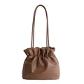 Minimalist brown Korean style large capacity bucket shoulder bag with drawstring - Brown