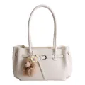 Chic beige faux leather tote bag with silver buckle and brown plush bear charm - White