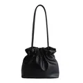 Minimalist black pleated cloud bucket bag in PU leather with slim double shoulder straps - Black