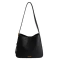 Schicke schwarze Bucket-Bag aus Faltenleder mit goldenem Logo und Schultergurt - Schwarz