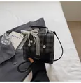 Retro checkered crossbody bag with lace bow and pearl chain in black and grey - Black With Rabbit Pendant