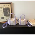 Lavender and beige canvas boston bag in large and small sizes with wide shoulder straps - L Purple
