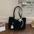 Black polka dot tote bag with cute rabbit pendant and star charm for daily commute - Black With Rabbit Pendant