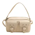 Cream white motorcycle style shoulder bag with dual flap pockets and silver hardware - White