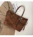 Large capacity tote bag with dark brown abstract patchwork and woven pendant detail - Brown