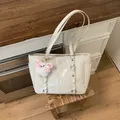 Chic cream large-capacity tote bag with shoulder straps and plush bear charm accent - No Pendant / White