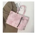 Pink woven texture tote bag with side drawstrings and key pendant decoration - Pink