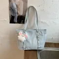 Light blue large capacity tote bag with glossy finish and cute white puppy keychain - No Pendant / Blue