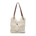 Gebroken witte gehaakte shopper met bloemenpatroon en bruine kunstlederen riemen - Broken Wit
