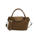 Brown water-ripple bucket bag with VINVIN logo and sparkling rhinestone tassel pendant - Dark Khaki