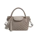 Minimalist beige water ripple bucket bag with pleated texture and rhinestone tassels - Gray