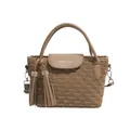 Khaki bucket bag with water ripple pleated texture and rhinestone tassel charm - Light Khaki