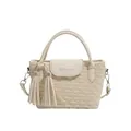 Chic cream-colored water-ripple bucket bag with stylish double tassels and rhinestones - White