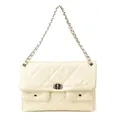 Beige quilted crossbody bag with rhinestone buckle and chain strap on white background - Off White