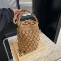 Secchiello in paglia intrecciato a mano stile francese con fodera a coulisse e manico - Cachi