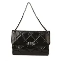 Quilted black patent leather shoulder bag with rhinestone buckle and chain strap - Black
