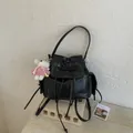 Black PU leather backpack with bow drawstring and white rabbit plush toy charm - No Pendant / Black