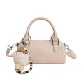 Retro beige cylinder handbag with plush charm and detachable shoulder strap - White With Baseball Charm