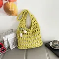 Handmade crochet hollow tote bag in vibrant neon yellow with tulip floral charms - Yellow