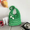 Handmade green crochet hollow tote bag with white tulip floral charms for summer - Green