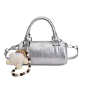 Silver metallic Boston handbag with plush charm and detachable thin shoulder strap - Silver With Baseball Charm