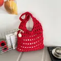 Handmade red crochet tote bag with hollow out design and floral tulip pendant - Red