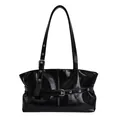 Borsa tote minimalista in pelle verniciata nera con fibbia argento e trama rock vintage - Senza Ciondolo / Nero