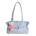 Minimalist light blue PU leather tote bag with silver eyelets and a plush bear charm - With Pendant / Blue