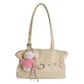 Minimalist cream shoulder tote bag with decorative buckle and cute teddy bear charm - With Pendant / Yellow