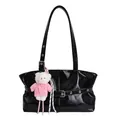 Glossy black tote bag with silver hardware and a cute teddy bear charm pendant - With Pendant / Black