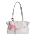 Minimalist white tote bag with faux leather texture and a cute pink bear keychain - With Pendant / White