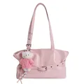 Pink minimalist tote bag with large capacity, leather texture and cute bear charm - With Pendant / Pink