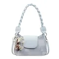 Light blue crescent handbag with braided handle and pearl bow charm on white background - With Pendant Style / Blue