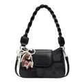 Retro black square shoulder bag with woven handle, pearl chain and pony pendant - With Pendant Style / Black