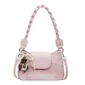 Light pink vintage square crossbody bag with textured fabric and pearl charm - With Pendant Style / Pink