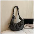 Denim houndstooth dumpling tote bag with wide strap for daily casual commuting use - Black