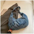Blue denim patchwork hobo bag with adjustable wide strap for casual daily commuting - Blue