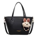 Chic black litchi pattern bucket bag with golden hardware and plush bear charm - With Pendant Style / Black