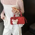 Red large capacity bucket bag with fashion lettering and cute bear charm pendant - Red
