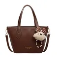 Dark brown leather bucket bag with litchi texture and a cute plush bear pendant - With Pendant Style / Brown
