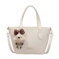 Chic cream white bucket bag with pebble leather texture and a cute bear charm accessory - With Pendant Style / White
