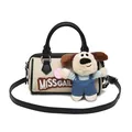 Bolso Boston beige con bordado Missgail, ribete de cuero y lindo colgante de cachorro - Negro