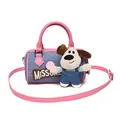 Bolso mini Boston de mezclilla azul con asas de cuero rosa y colgante de perro de peluche - Rosa