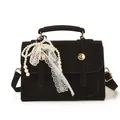 Retro black square handbag in matte finish with gold buckles and pearl lace pendant charm - With Ornament / Black