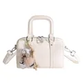 Chic beige leather Boston pillow bag with decorative charms and adjustable strap - With Pendant Style / White