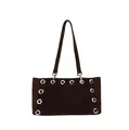 Dark brown suede baguette bag with silver eyelets and long shoulder straps - Brown