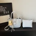 Elegant litchi pattern bucket bag in light blue leather with plush bear charm - Bag Set (Without Charm) / Blue