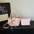 Pink lychee grain bucket bag set with cute bear charm and rotating metal clasp - Bag Set (Without Charm) / Pink