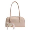 Sac sous le bras beige élégant en similicuir avec pendentif perle et ruban en dentelle - Blanc Cassé
