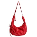 Rote Polka-Dot-Schultertasche in Halbmondform mit Kordelzugschleife und Quaste - Rot